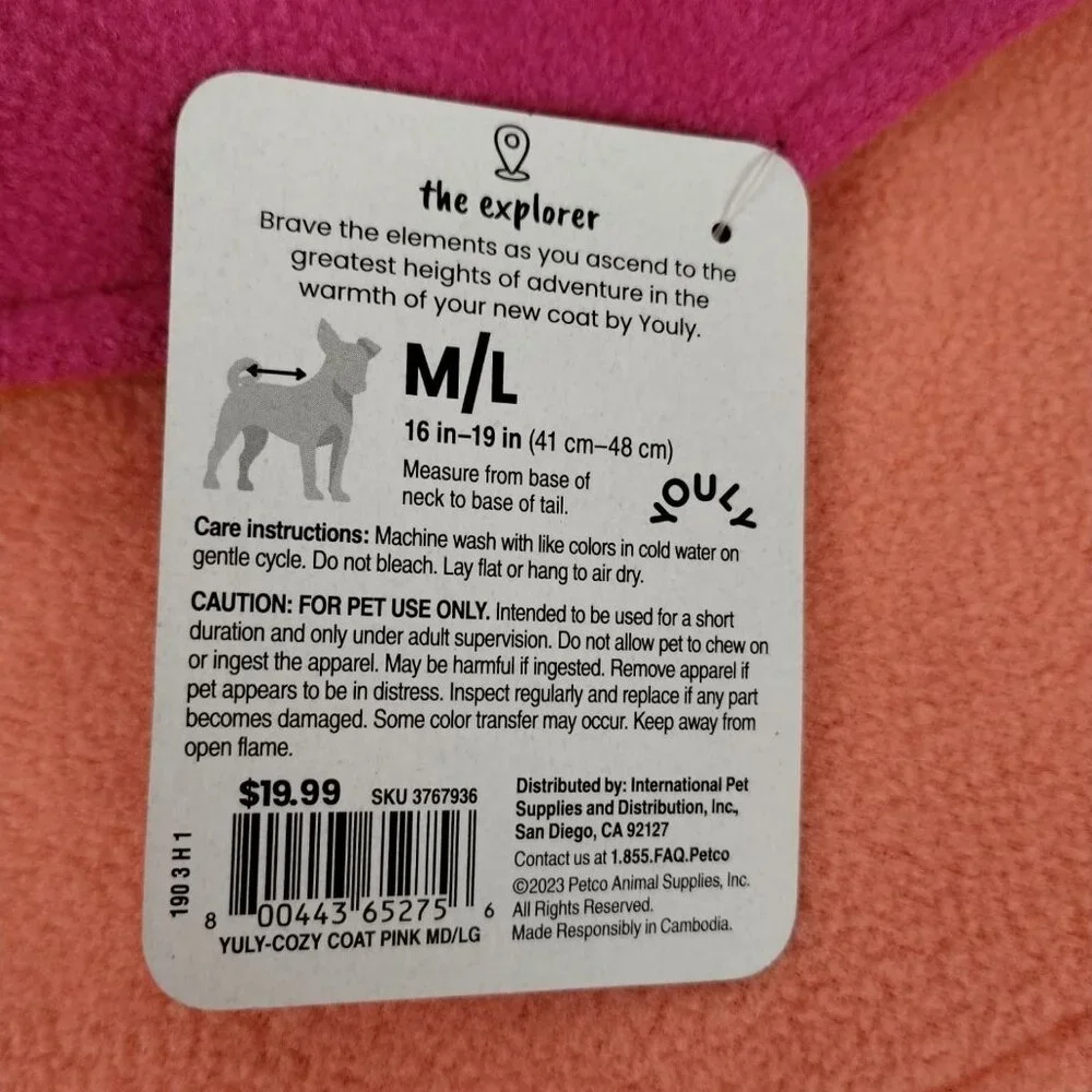 Reversible Pink and Orange Youly Explorer Pet Coat for Medium to Large Dogs